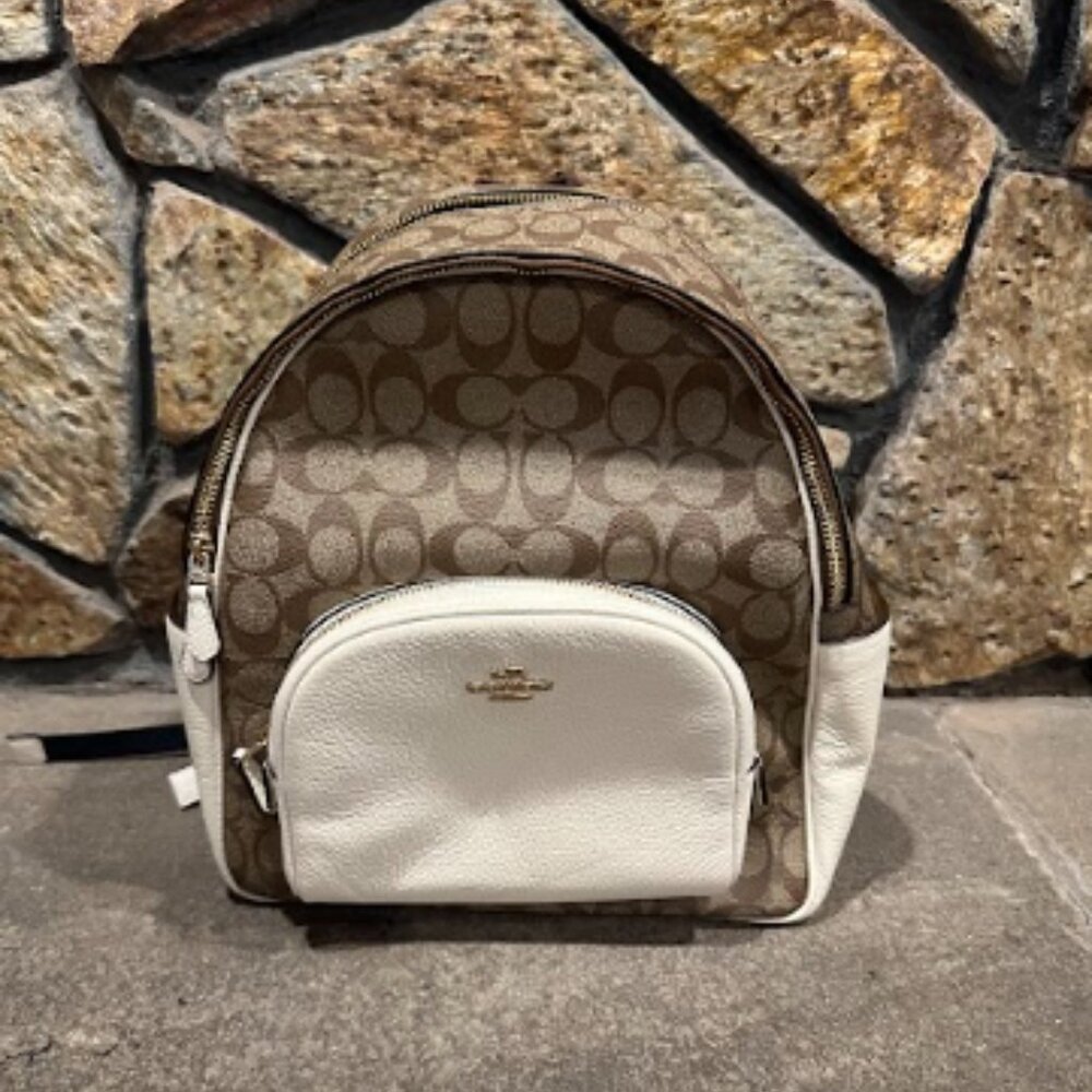 Coach Mini Backpack Brown Signature Canvas with White Leather Trim